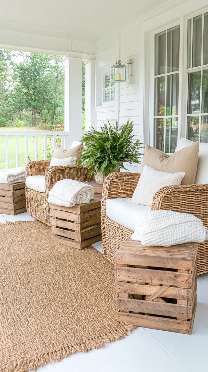 8. Neutral-toned farmhouse porch with wicker seating-1
