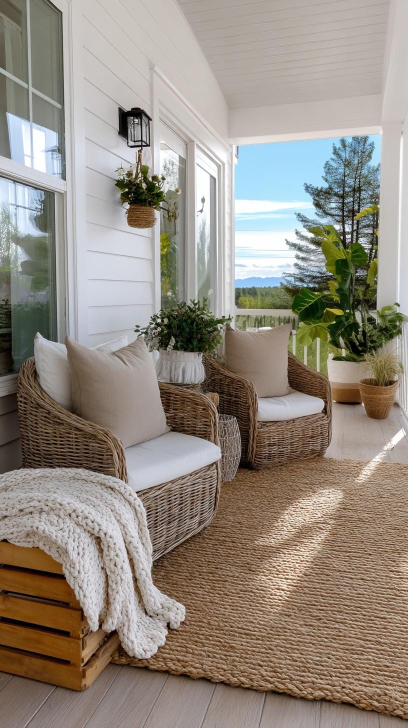 8. Neutral-toned farmhouse porch with wicker seating-2