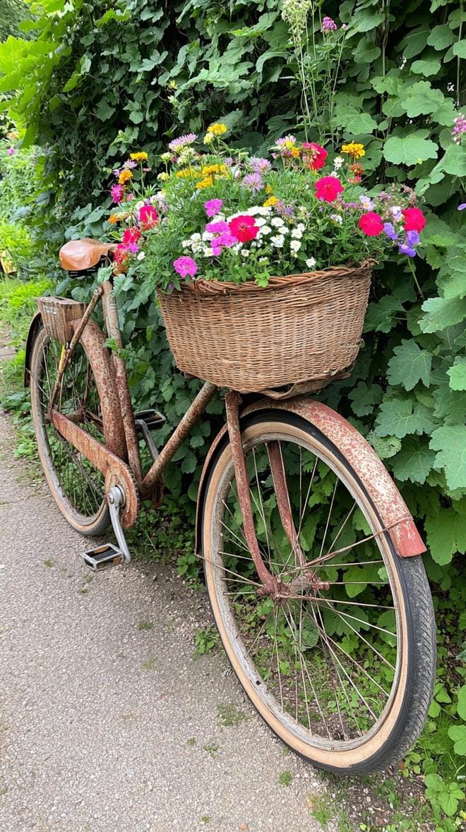 25 Rustic Farmhouse Garden Decor Ideas You Must See 33 17. Old bicycle decorated with a basket of flowers-0