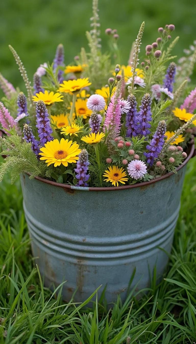 25 Rustic Farmhouse Garden Decor Ideas You Must See 11 5. Old galvanized washtub filled with wildflowers-0