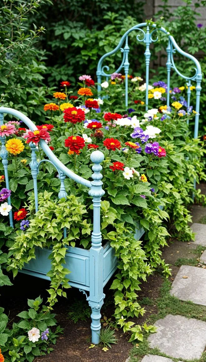 29 Vintage Garden Decor Ideas That Bring Rustic Charm Outdoors 28 7. Old metal bed frame turned into flower bed-0