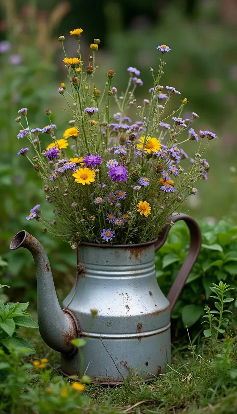 12. Old metal kettle planter dripping with wildflowers-0