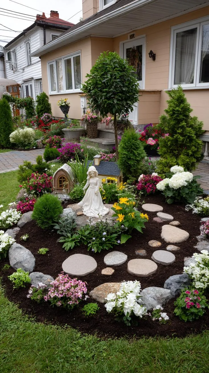 33. Outdoor fairy garden built around circular flower bed-0