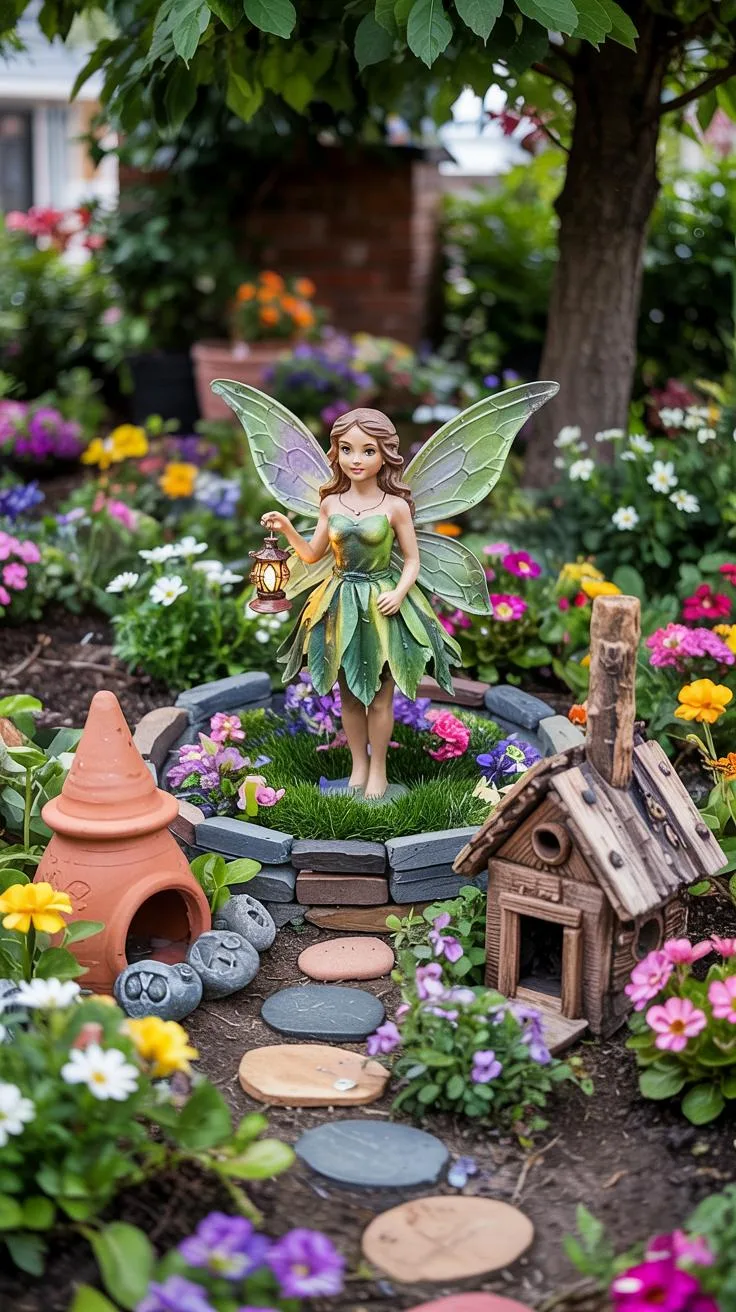 33. Outdoor fairy garden built around circular flower bed-2