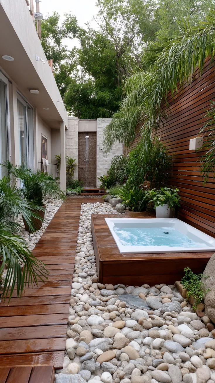 31 Best Hot Tub Ideas for the Ultimate Backyard Escape 167 30. Outdoor shower and hot tub combo in a wet zone-0