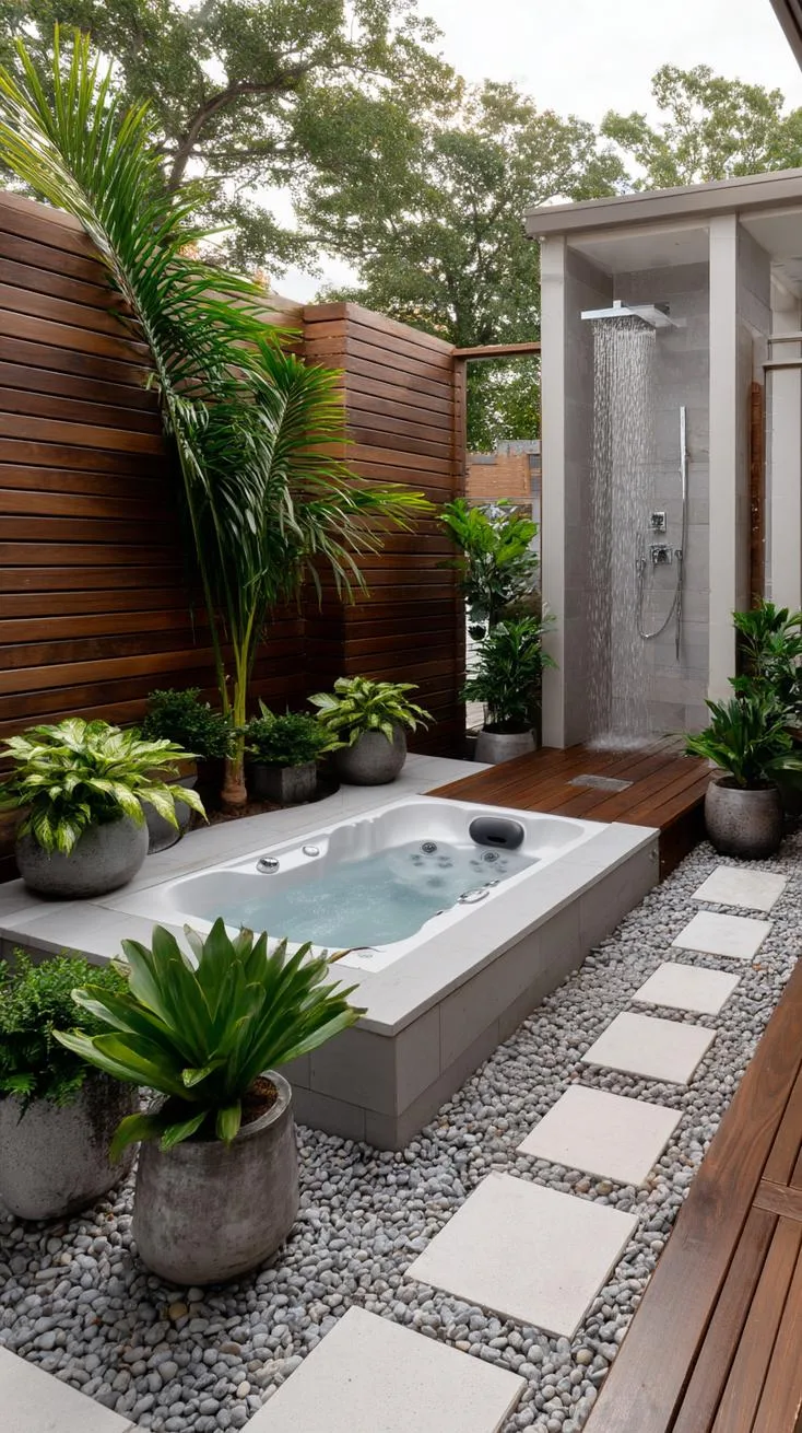 31 Best Hot Tub Ideas for the Ultimate Backyard Escape 168 30. Outdoor shower and hot tub combo in a wet zone-1
