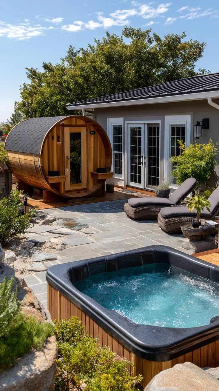31 Best Hot Tub Ideas for the Ultimate Backyard Escape 118 20. Outdoor spa-style hot tub with sauna and plunge pool-1
