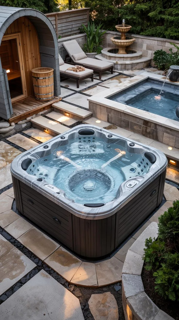 31 Best Hot Tub Ideas for the Ultimate Backyard Escape 119 20. Outdoor spa-style hot tub with sauna and plunge pool-2