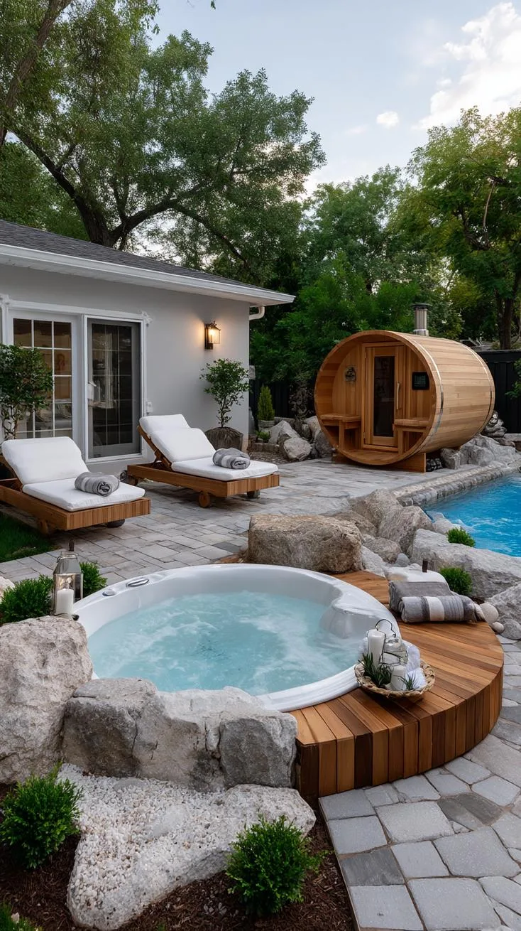 31 Best Hot Tub Ideas for the Ultimate Backyard Escape 122 20. Outdoor spa-style hot tub with sauna and plunge pool-3