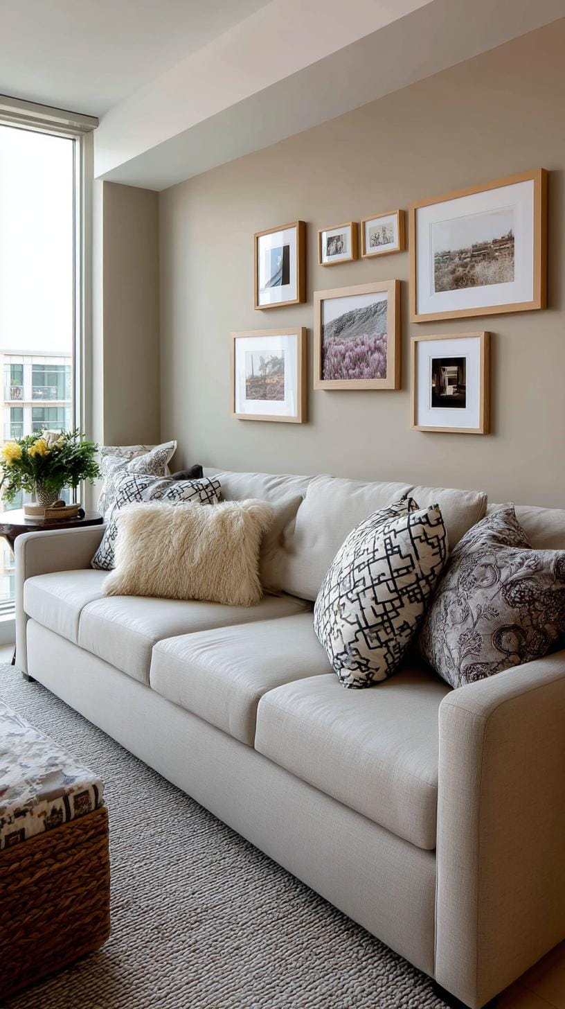 4. Over the sofa spread featuring horizontally aligned artwork above the couch-0