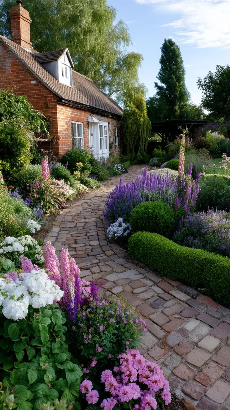 35 Dreamy Cottage Garden Ideas for Timeless Charm 2 1. Overflowing flower beds lining winding brick paths-0