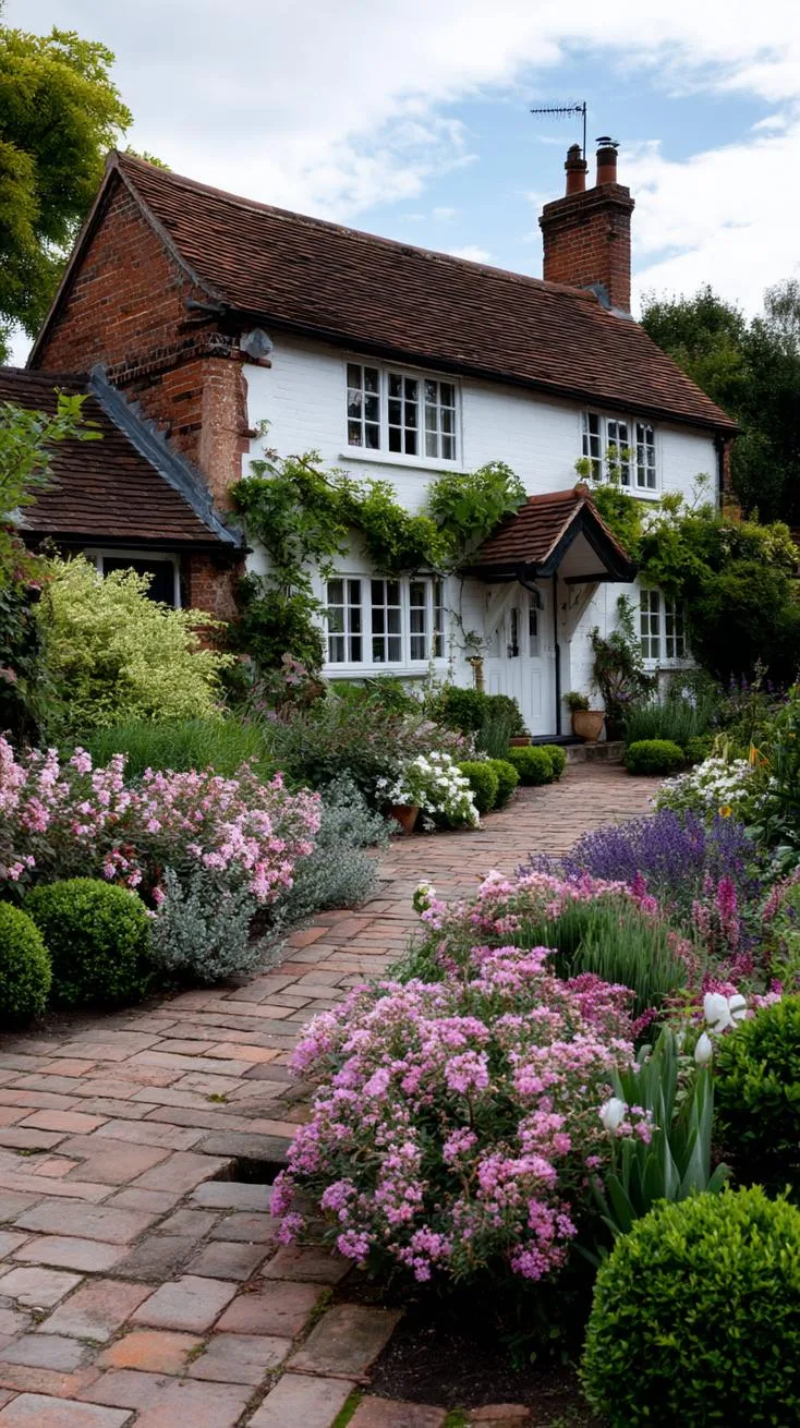 35 Dreamy Cottage Garden Ideas for Timeless Charm 3 1. Overflowing flower beds lining winding brick paths-1