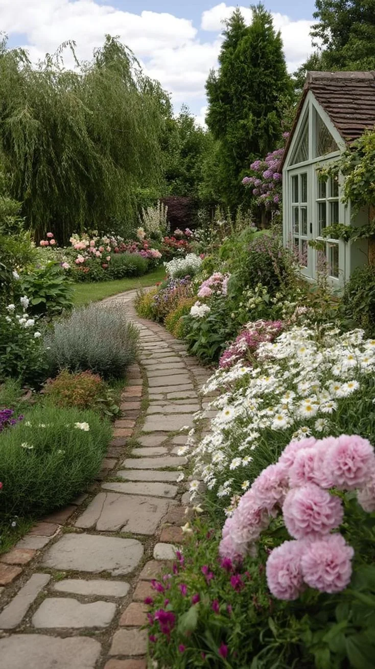 35 Dreamy Cottage Garden Ideas for Timeless Charm 4 1. Overflowing flower beds lining winding brick paths-2