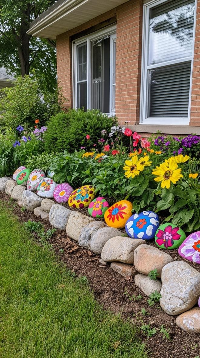 31 Rock Garden Ideas That Transform Any Outdoor Space 15 3. Painted floral rock bed border for front yard-0