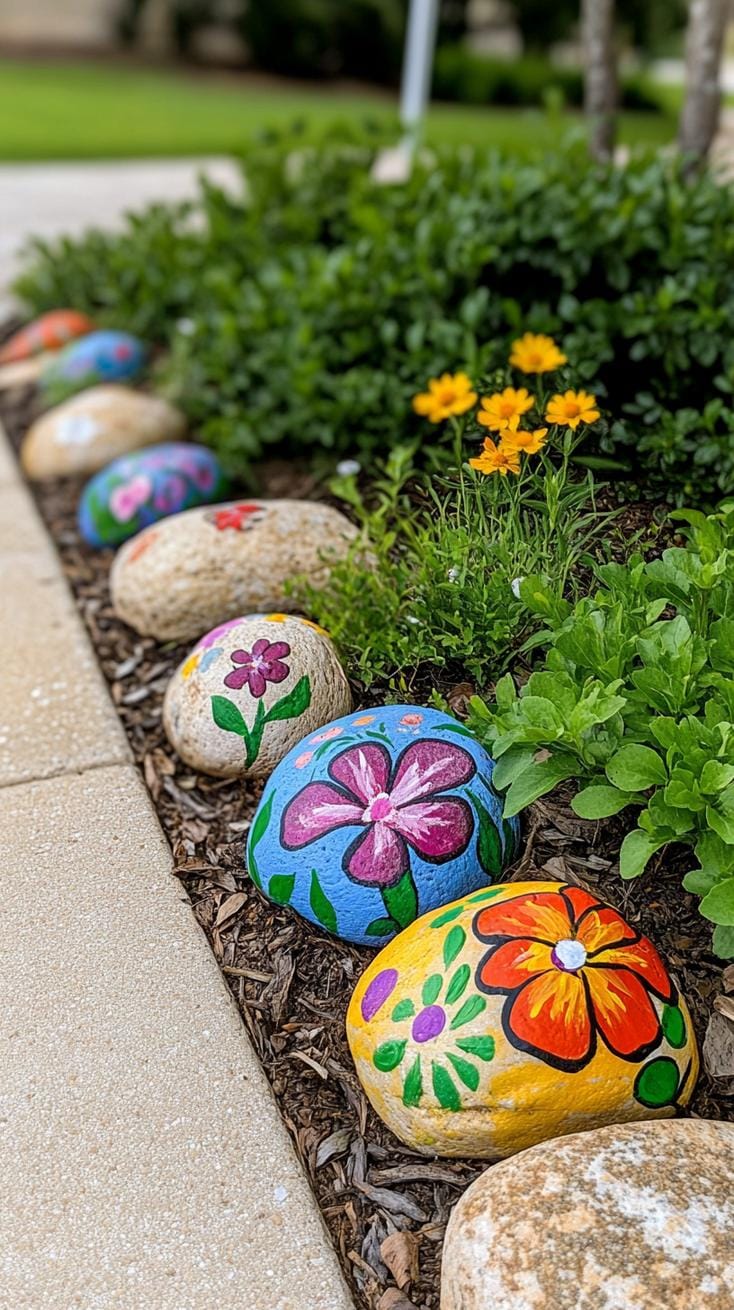 31 Rock Garden Ideas That Transform Any Outdoor Space 19 3. Painted floral rock bed border for front yard-2