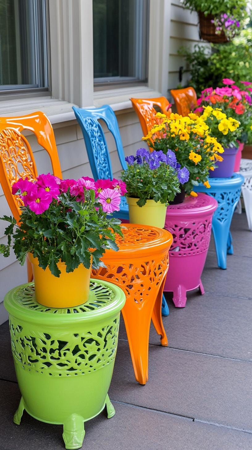 29 Vintage Garden Decor Ideas That Bring Rustic Charm Outdoors 111 28. Painted metal chairs with potted blooms on seat-0