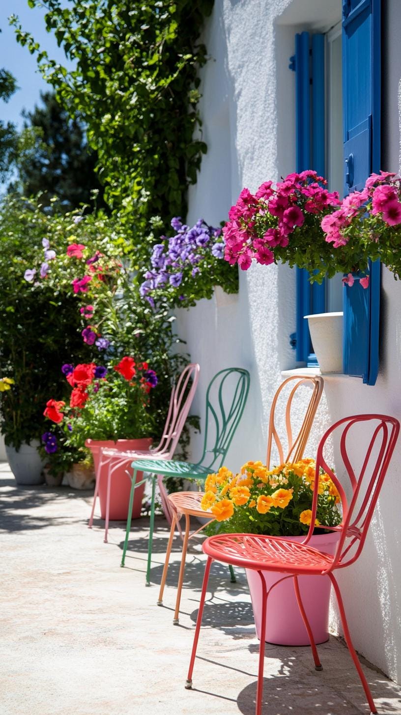 29 Vintage Garden Decor Ideas That Bring Rustic Charm Outdoors 114 28. Painted metal chairs with potted blooms on seat-1
