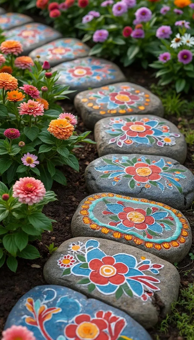 20. Painted stone spiral marking flower bed edges-0