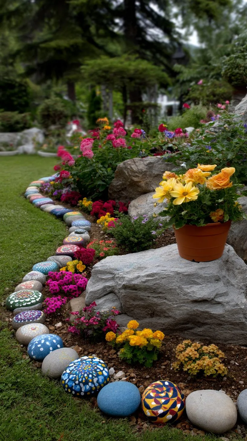 20. Painted stone spiral marking flower bed edges-1