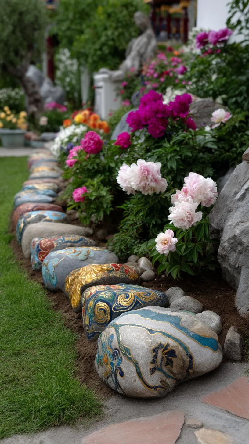 20. Painted stone spiral marking flower bed edges-2