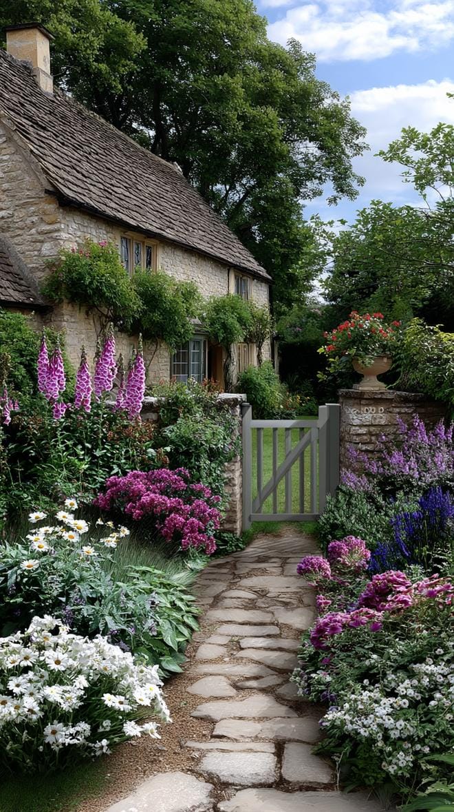 35 Dreamy Cottage Garden Ideas for Timeless Charm 82 35. Patchwork flower paths behind classic English gate-0