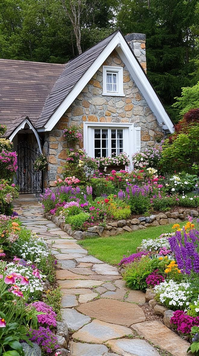 35 Dreamy Cottage Garden Ideas for Timeless Charm 83 35. Patchwork flower paths behind classic English gate-1