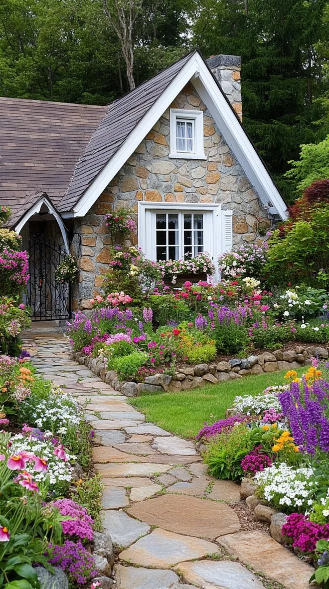 35 Dreamy Cottage Garden Ideas for Timeless Charm 82 35. Patchwork flower paths behind classic English gate-1