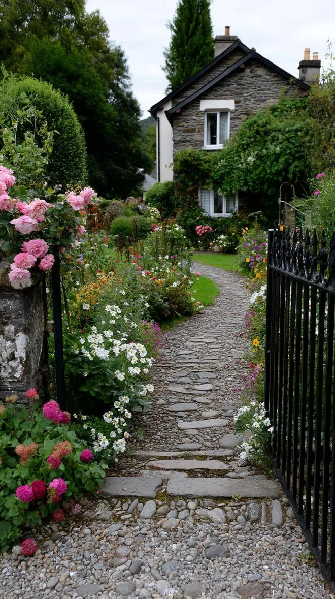 35 Dreamy Cottage Garden Ideas for Timeless Charm 83 35. Patchwork flower paths behind classic English gate-2