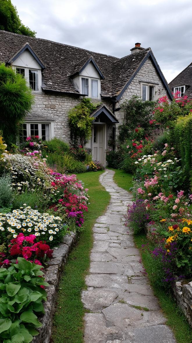35 Dreamy Cottage Garden Ideas for Timeless Charm 85 35. Patchwork flower paths behind classic English gate-3