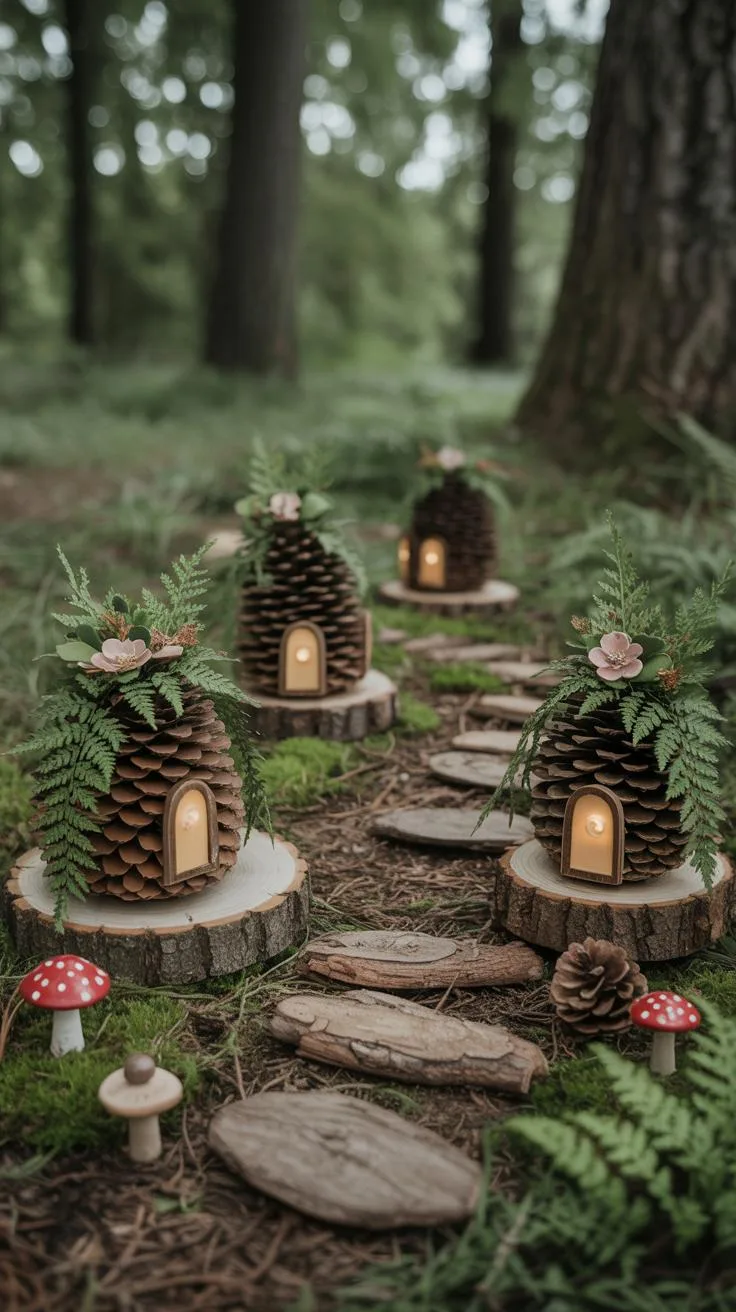 10. Pinecone fairy homes arranged in woodland setting-1