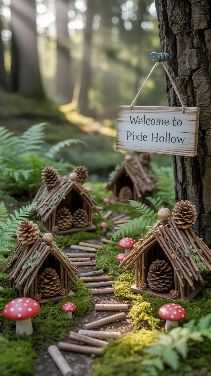 10. Pinecone fairy homes arranged in woodland setting-2