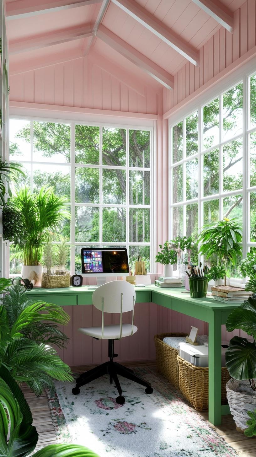 3. Pink and green shed with wraparound windows and desk-0