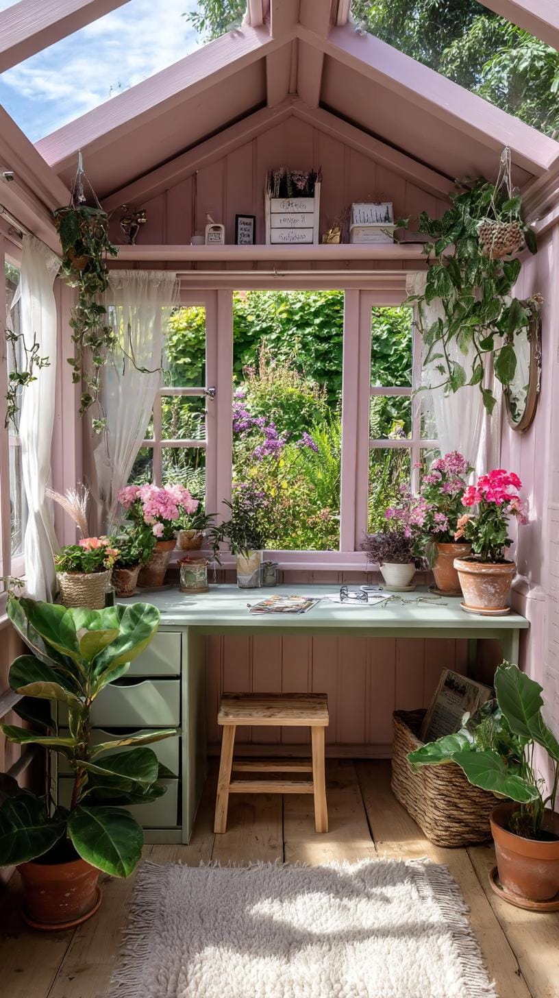 3. Pink and green shed with wraparound windows and desk-2