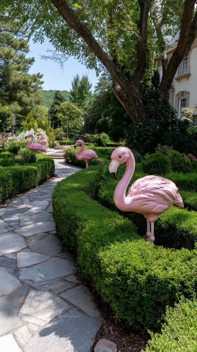 37 Whimsical Garden Ideas for a Magical Backyard 51 20. Pink flamingos in whimsical lawn maze-1