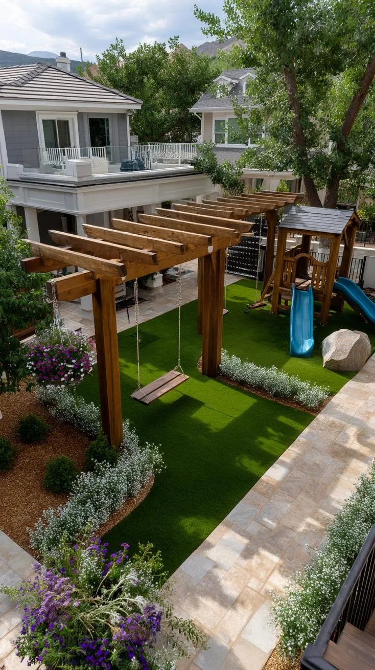 16. Playground area with swings under wooden pergola-0 16. Playground area with swings under wooden pergola-0