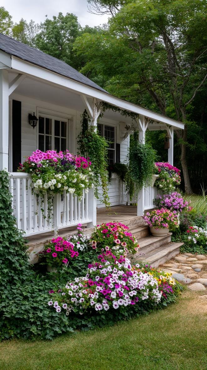27 Charming Farmhouse Landscaping Ideas for a Beautiful Rustic Yard 70 25. Porch railing garden boxes overflowing with blooms-0