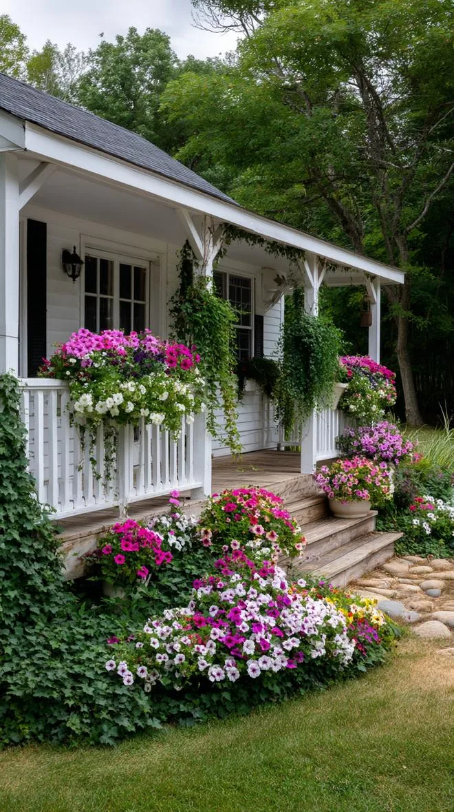 27 Charming Farmhouse Landscaping Ideas for a Beautiful Rustic Yard 69 25. Porch railing garden boxes overflowing with blooms-0