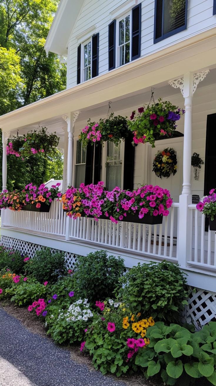 27 Charming Farmhouse Landscaping Ideas for a Beautiful Rustic Yard 71 25. Porch railing garden boxes overflowing with blooms-1