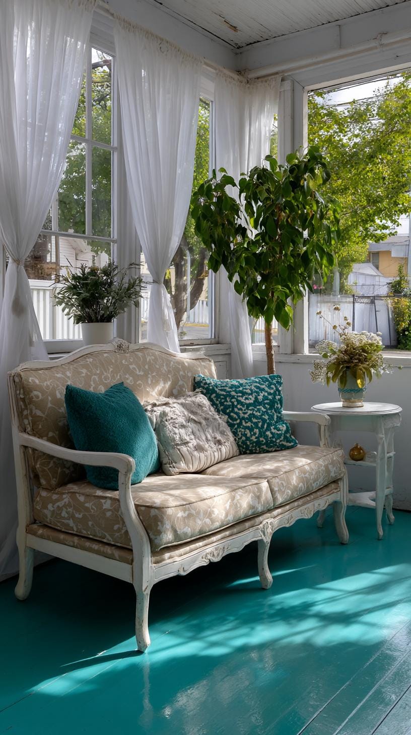 17. Porch with teal painted floor and antique sofa-0