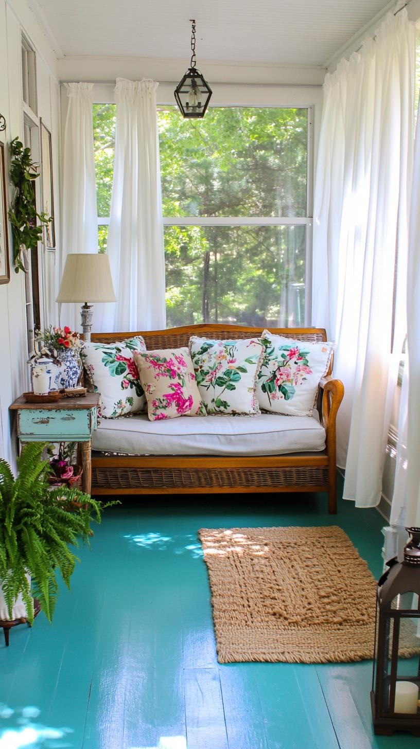 17. Porch with teal painted floor and antique sofa-1