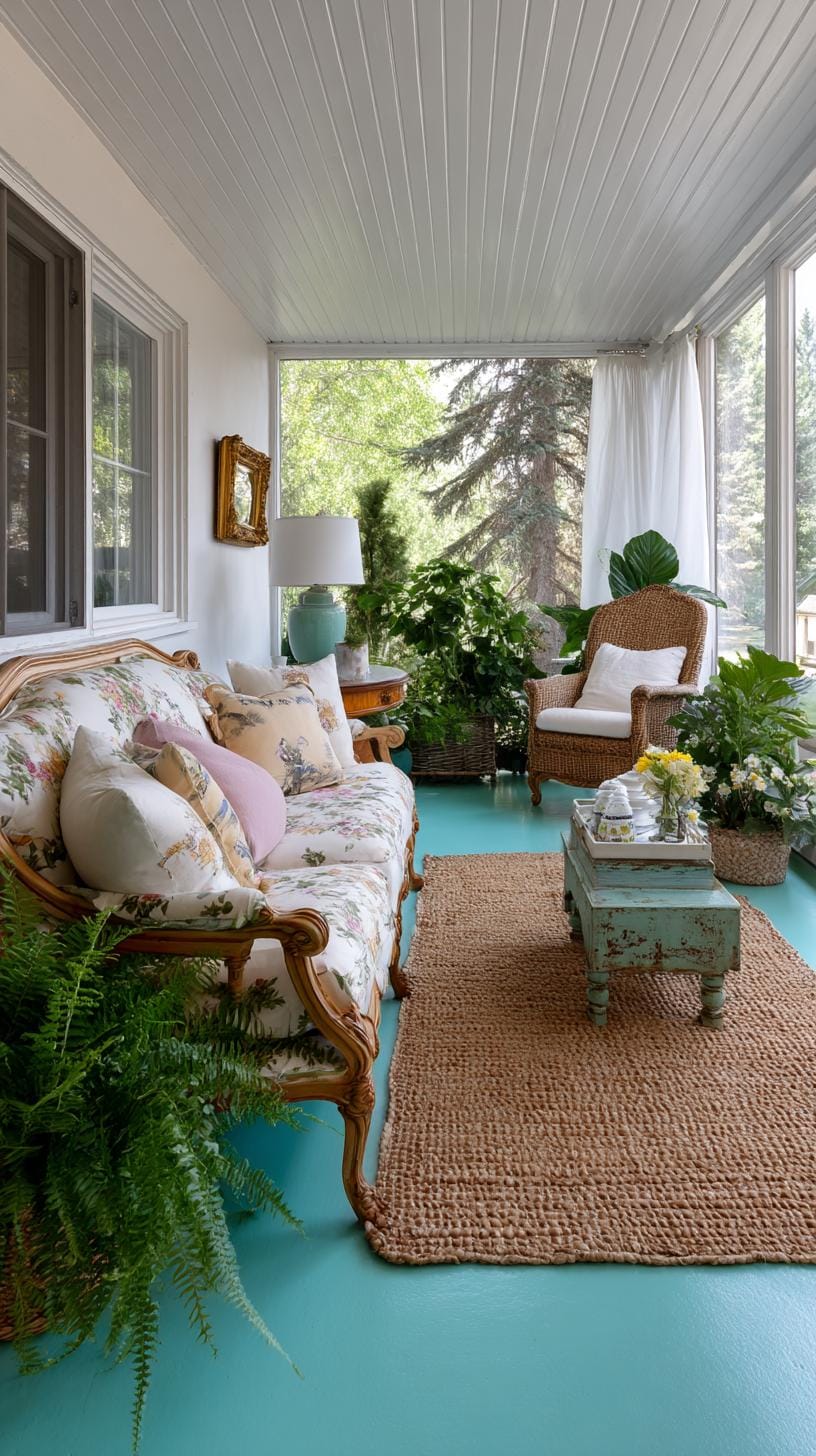 17. Porch with teal painted floor and antique sofa-2