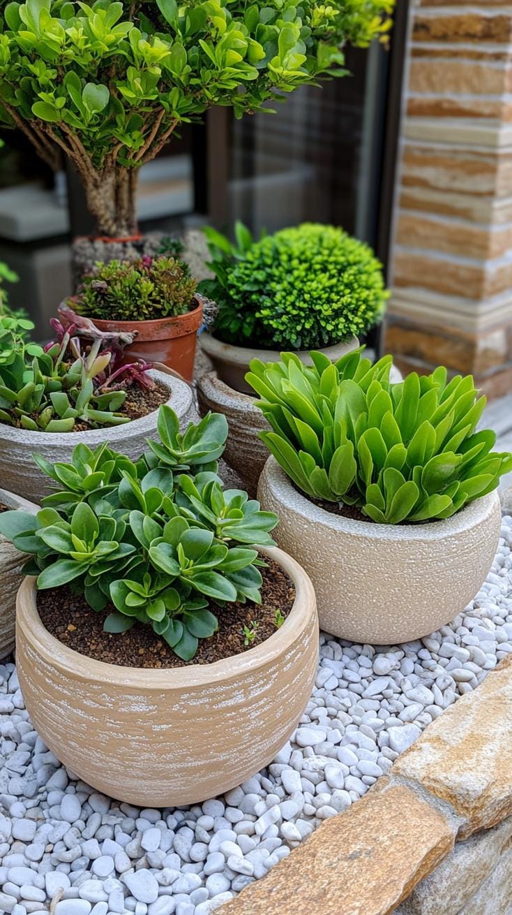 31 Rock Garden Ideas That Transform Any Outdoor Space 71 14. Potted plants nested into gravel and pebbles-1