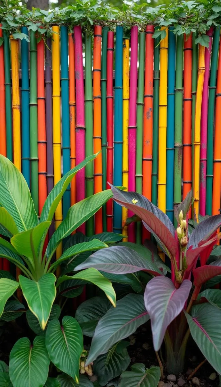 11. Rainbow-painted bamboo garden fence with tropical plants-0