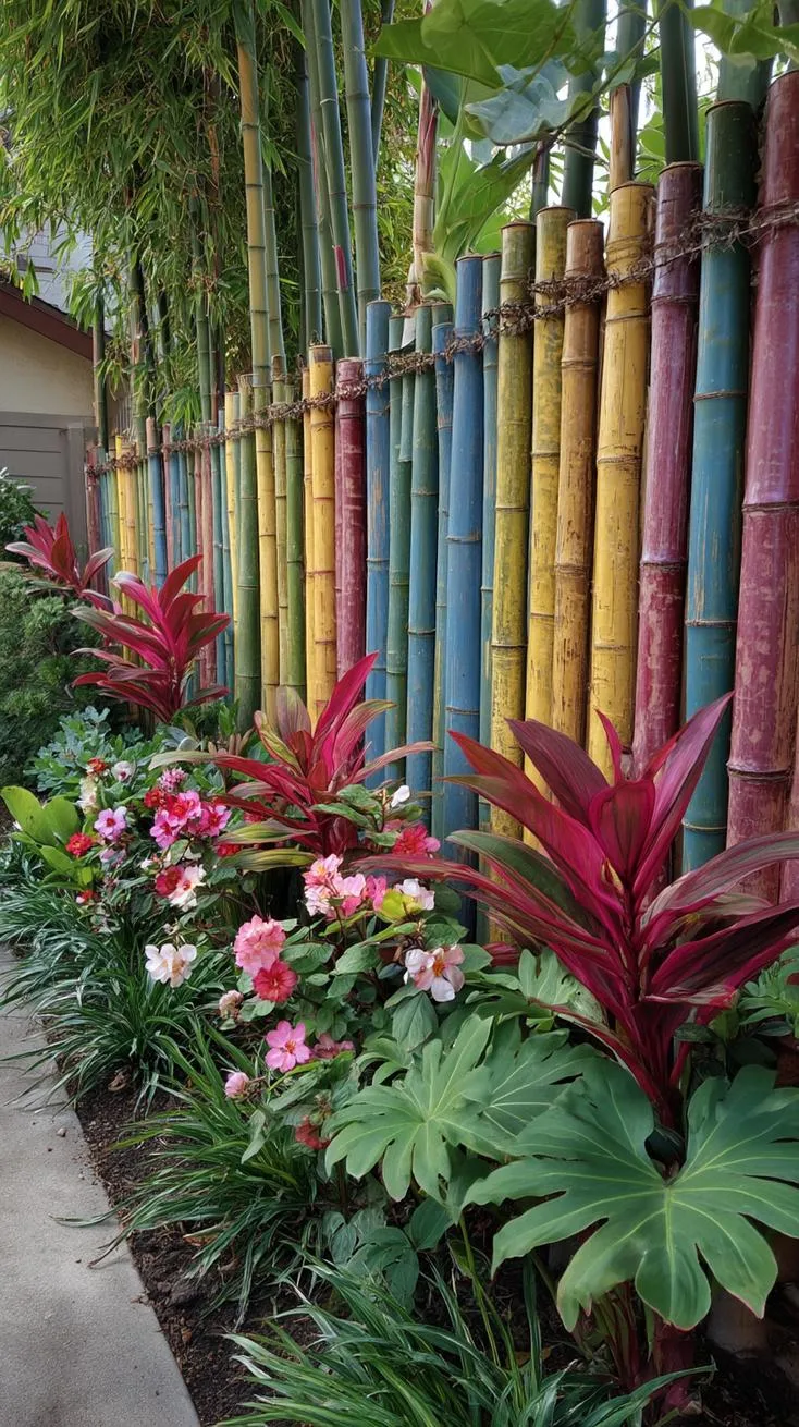 11. Rainbow-painted bamboo garden fence with tropical plants-1