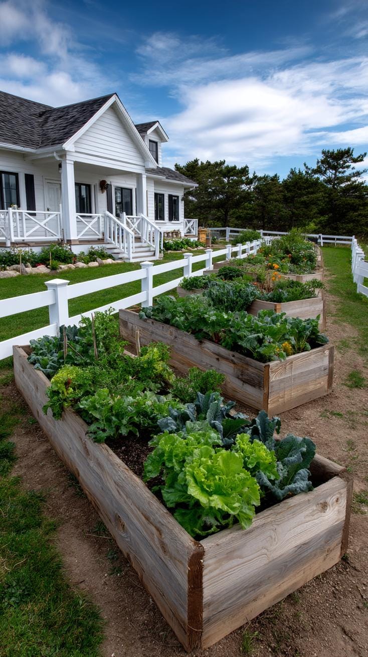 27 Charming Farmhouse Landscaping Ideas for a Beautiful Rustic Yard 52 18. Raised vegetable beds surrounded by farmhouse fencing-2