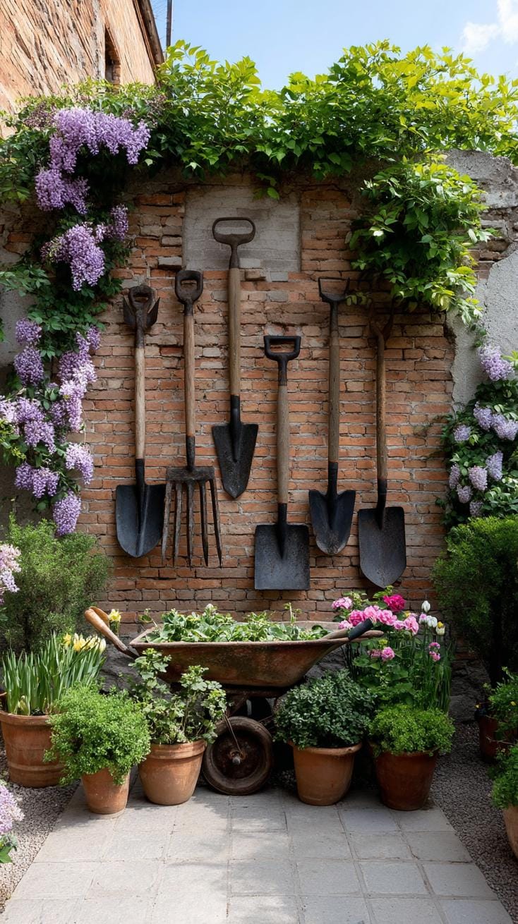 29 Vintage Garden Decor Ideas That Bring Rustic Charm Outdoors 94 23. Reclaimed garden tools displayed as wall art-0