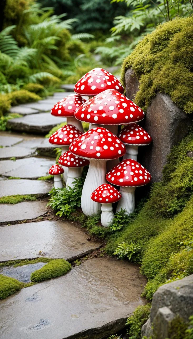 37 Whimsical Garden Ideas for a Magical Backyard 48 19. Red and white toadstools beside stone path-1
