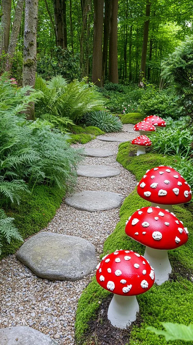 37 Whimsical Garden Ideas for a Magical Backyard 49 19. Red and white toadstools beside stone path-2