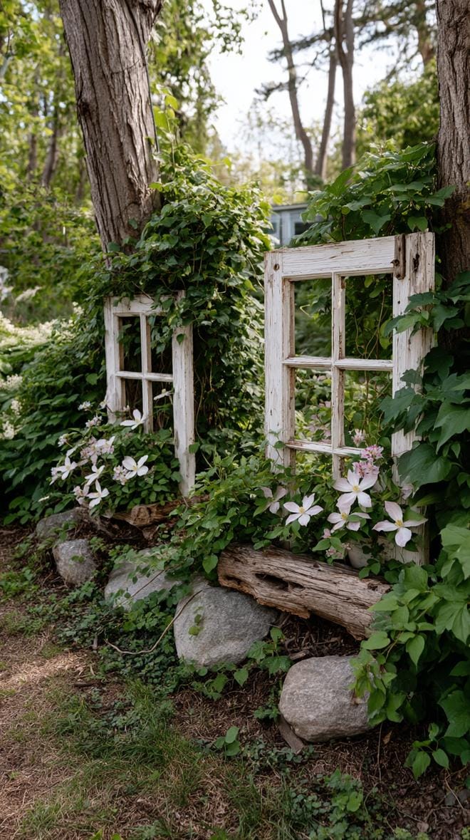 29 Vintage Garden Decor Ideas That Bring Rustic Charm Outdoors 20 5. Repurposed window frames with climbing vines-0
