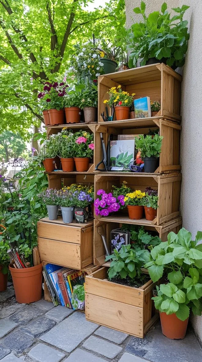 15. Repurposed wooden crates stacked for garden shelving-0 15. Repurposed wooden crates stacked for garden shelving-0